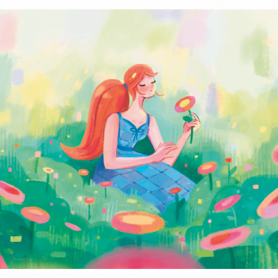 Mulher ruiva sentada num campo de flores cor-de-rosa e verde em ilustração colorida