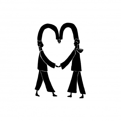 Ilustração de duas pessoas de mãos dadas formando um coração com os braços