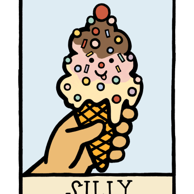 Ilustração colorida de gelado com rosto sorridente e texto SILLY