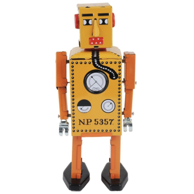 Robô de metal amarelo e laranja com mostradores e texto N.P. 5357