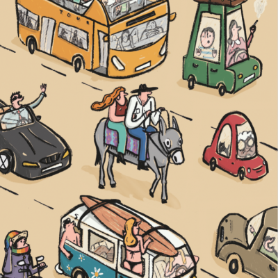 Ilustração colorida de veículos variados e pessoas em estrada