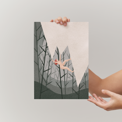 Cartaz com ilustração abstrata de figura humana a flutuar entre árvores pretas