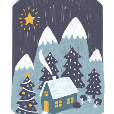 Ilustração de casa de inverno com montanhas, árvores e estrela brilhante