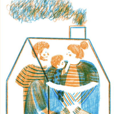 Desenho colorido de uma família dentro do contorno de uma casa com fumo na chaminé