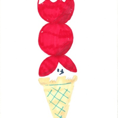 Desenho colorido de gelado em cone com bolas vermelhas e cobertura branca