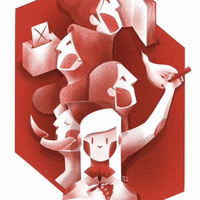 Ilustração estilizada de quatro pessoas em tons vermelhos e brancos com vários objetos e expressões distintas.