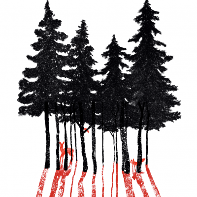 Ilustração de pinheiros pretos com sombras vermelhas num fundo branco