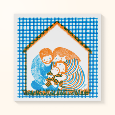 Ilustração digital de família numa casa colorida