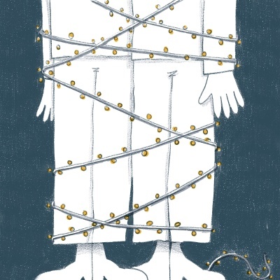 Ilustração de pernas e mãos envoltas em cordas de luzes amarelas