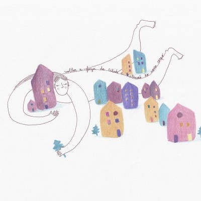 Desenho colorido estilizado de figura humana com casinhas e árvores