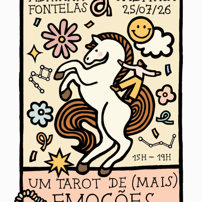 Cartaz ilustrado com cavalo branco, flores coloridas e texto em português