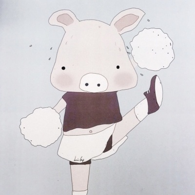 Ilustração de um porco cheerleader com pompons em fundo cinza