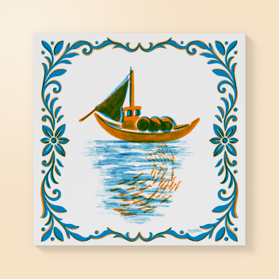 Ilustração cerâmica de barco com moldura azul e laranja