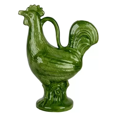 Jarro verde em cerâmica em forma de galo com acabamento brilhante
