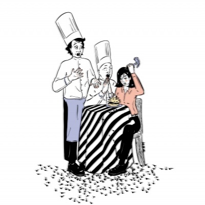 Três pessoas ao redor de uma mesa com toalha riscada, rodeadas por insetos no chão