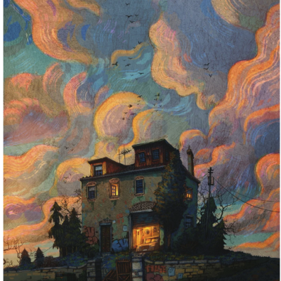 Ilustração de casa antiga com céu colorido e nuvens