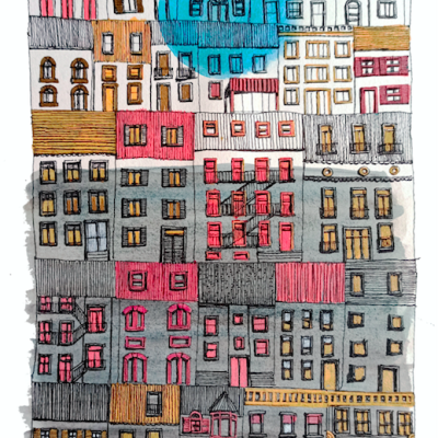 Ilustração de fachadas de edifícios coloridos em papel