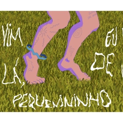 Ilustração de pernas humanas com tatuagens e texto em campo verde