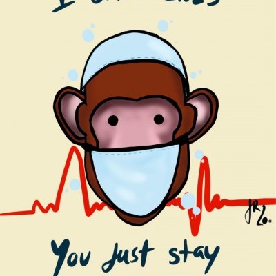 Desenho de um macaco com máscara e touca médica e texto motivacional em inglês