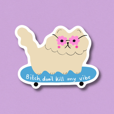 Adesivo com gato e skate com texto em fundo lilás