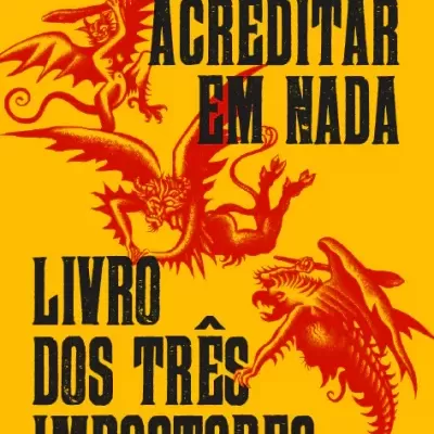 Capa de livro amarelo com texto preto e vermelho e ilustrações vermelhas de criaturas mitológicas