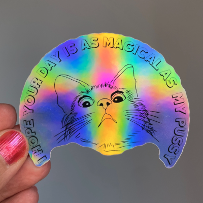 Autocolante holográfico com desenho de gato e texto em inglês