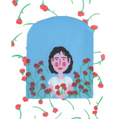 Pessoa com flores vermelhas em fundo azul