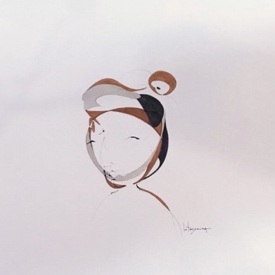 Desenho abstrato de figura humana com linhas marrons, pretas e cinzentas em fundo branco