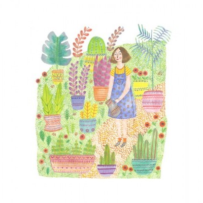 Ilustração de mulher com vários vasos de plantas decorativas