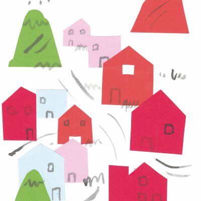 Desenho de casas coloridas em papel recortado com montanhas e sol