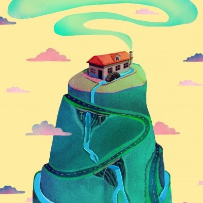 Casa no topo de montanha com caminho e cascata, céu amarelo com nuvens cor-de-rosa