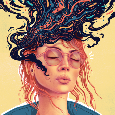 Ilustração de jovem com óculos rosa e padrão abstrato que emerge da cabeça