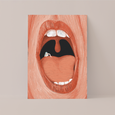 Ilustração de boca aberta com pequena figura sentada na língua