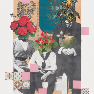 Ilustração de família com cabeças de plantas e insetos, fundo com azulejos e recortes de livros.