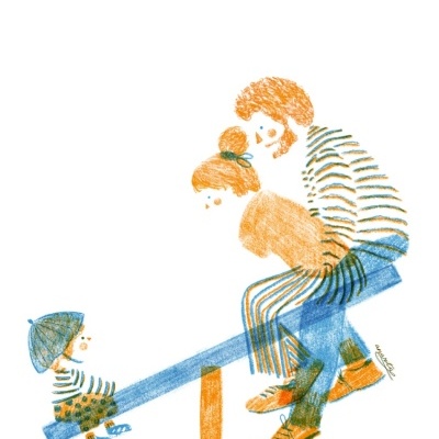 Ilustração colorida de três pessoas numa gangorra azul