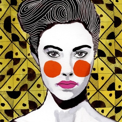 Ilustração de rosto feminino estilizado com cabelo preto e branco, bochechas laranja e fundo amarelo geométrico