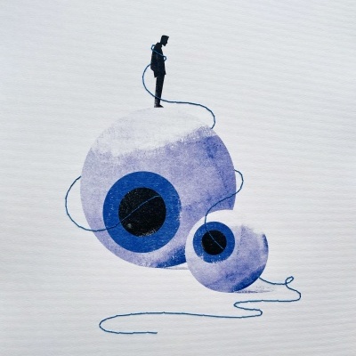 Ilustração de duas esferas azuis com padrão concêntrico e um homem preto em pé na maior esfera