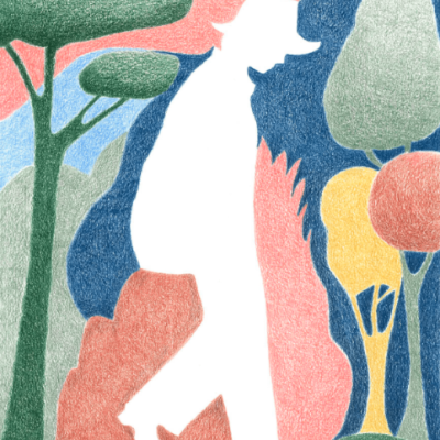 Figura humana branca caminhando numa paisagem estilizada com árvores coloridas.