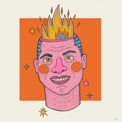 Ilustração colorida de cabeça humana com chamas saindo do topo