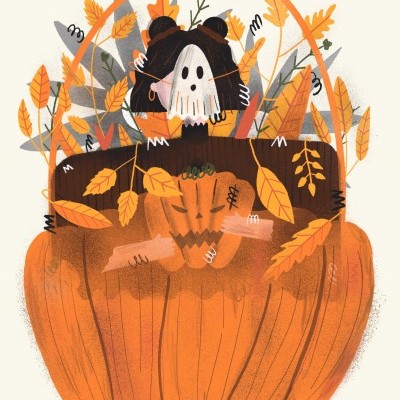 Ilustração de cesto abóbora com folhas e figura fantasma
