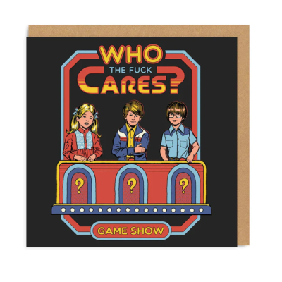 Cartão com ilustração de crianças num programa de jogos com texto colorido num fundo preto