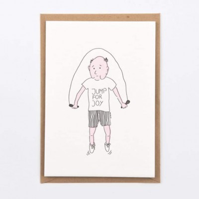 Cartão ilustrado de criança a saltar à corda com camiseta branca e texto JUMP FOR JOY