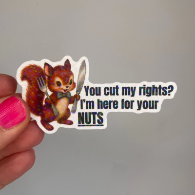 Autocolante com esquilo e texto holográfico divertido