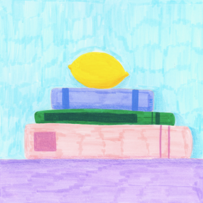 Ilustração de três livros coloridos empilhados com um limão amarelo em cima