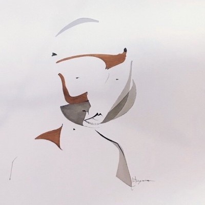 Desenho minimalista abstrato em castanho e cinzento sobre fundo branco.