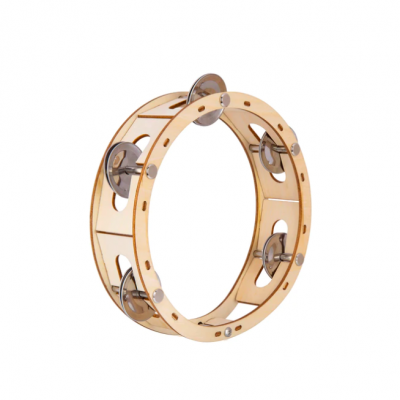 Pandeireta de madeira com pratos metálicos prateados