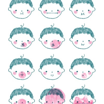 Doze caras de criança ilustradas com expressões faciais variadas em azul e rosa
