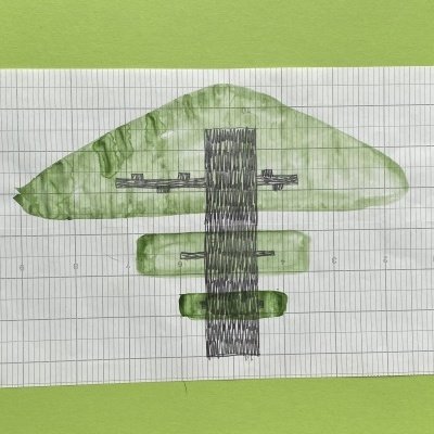 Desenho geométrico em papel de computador antigo com tons verdes e pretos
