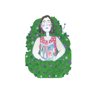 Ilustração de mulher segurando um livro entre arbustos floridos