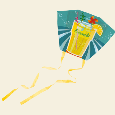 Pipa com estampa de limonada em fundo azul e fitas amarelas